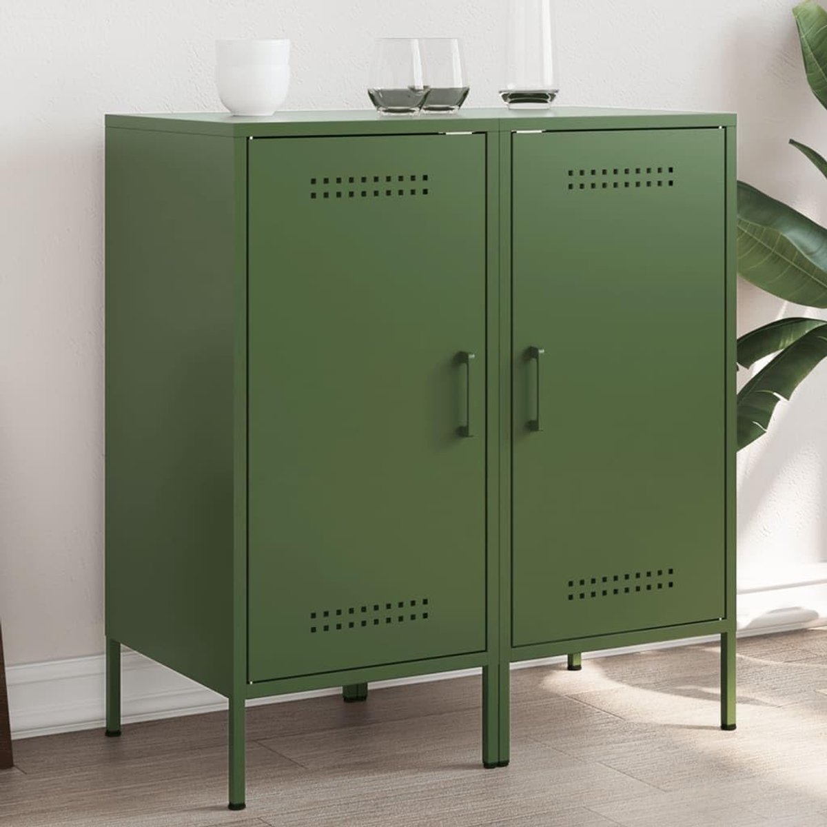 Metalen Bijzetkast - Industriële Dressoir - Woonkamer Opbergen - Verstelbare Poten - 36x39x79 cm - Olijfgroen