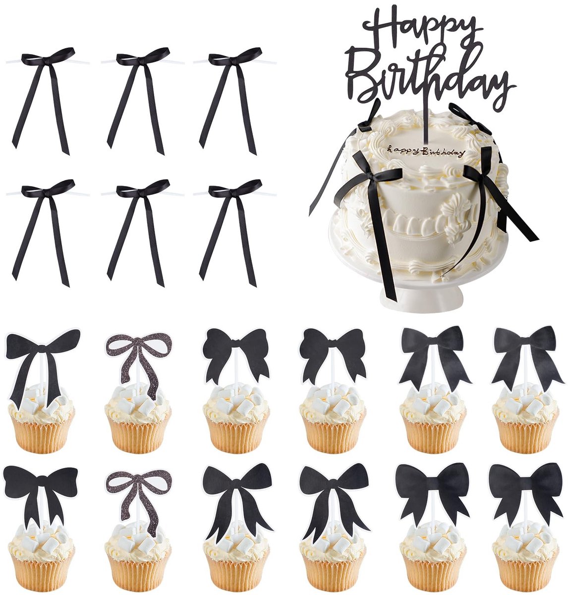 Dailygoods- Cupcake Toppers Zwarte Strik - 19 Stuks - Feestdecoraties - Bruidstaart Decoratie - Multisize - Materiaal: Doek - Taartdecoratie