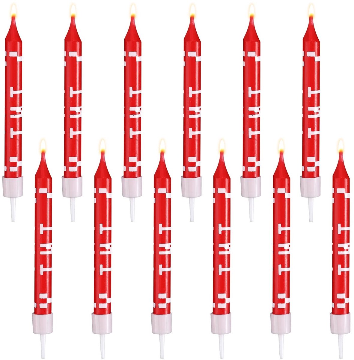Dailygoods- Verjaardagskaarsen Set van 12 - Pixel Print Taarttoppers - Rood - Decoratie voor Verjaardagen - Veiligheidswaarschuwing - Materiaal: Paraffinewas