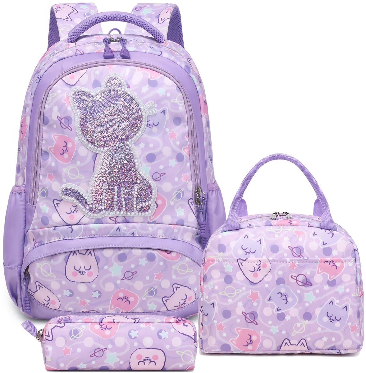 Dailygoods- Schooltas Grote Capaciteit - 3-in-1 Rugzakset - Lunchtas - Etui - Kattenprint - Verstelbare Schouderbanden - Rugzak