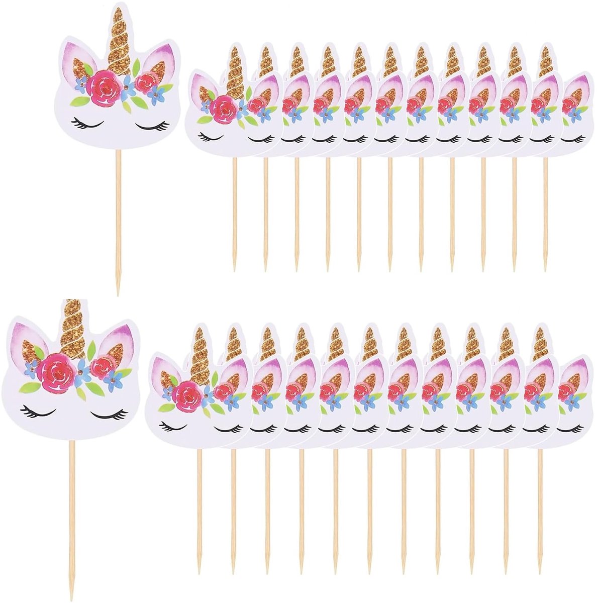 Dailygoods- Taarttoppers 24 stuks - Eenhoorn Decoratie - Dubbelzijdige Cupcake Toppers - Verjaardagsfeest Versiering - Hoogwaardig Karton/Bamboe - 5,5 cm x 4,7 cm
