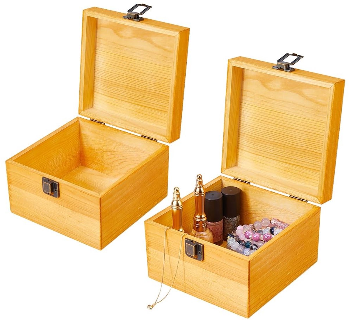 Dailygoods- Juwelendoos Houten - 2 Stuks - Opbergdoos met Deksel - Sieradenopslag - Vierkant - Hoogwaardig Hout - 14,5 x 14,5 x 10 cm