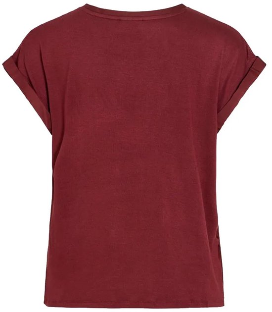 Bordeauxrode VILA t-shirt van de achterkant, met opgerolde korte mouwen.
