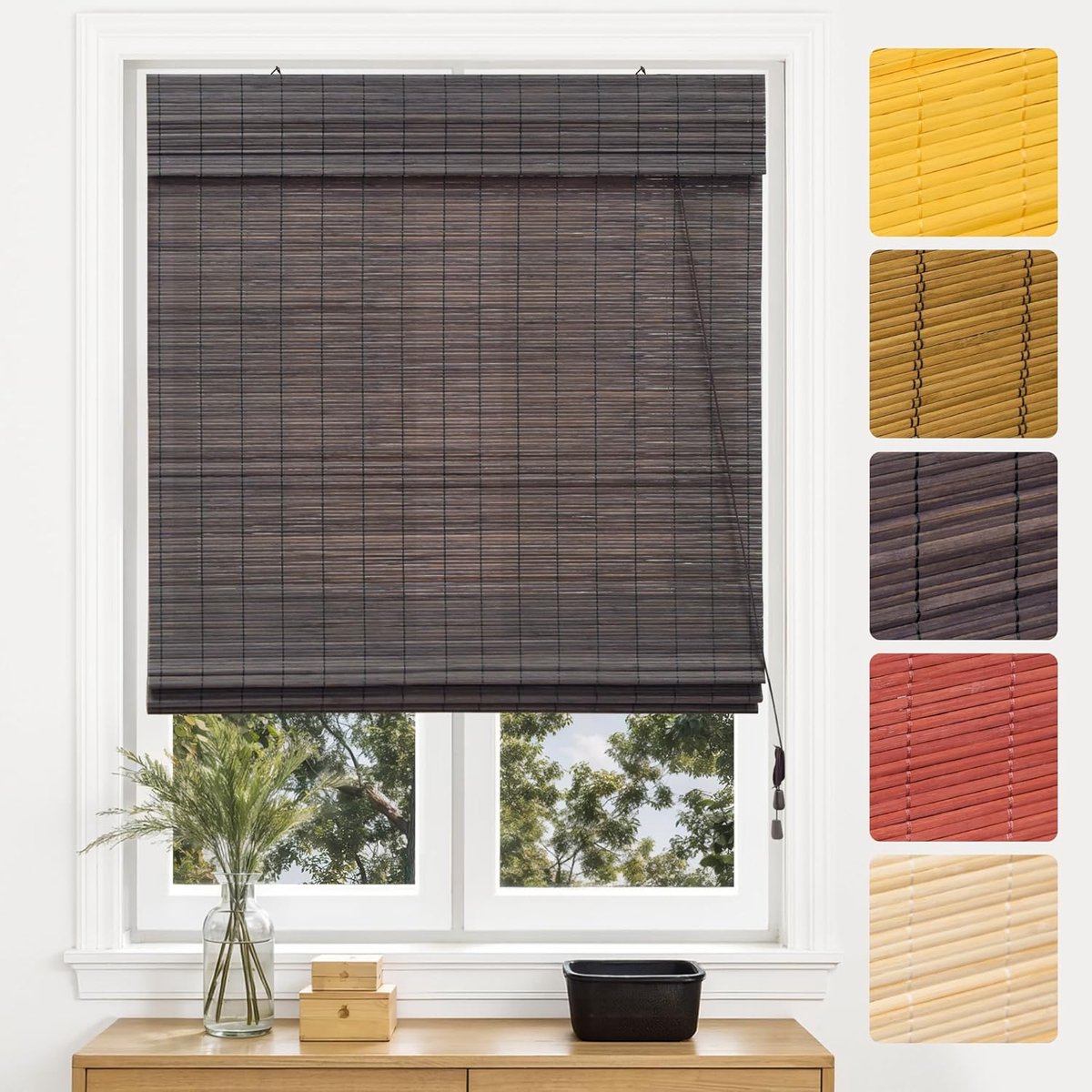 Bamboe vouwgordijn - Zonwering inkijkbescherming - Raamdecoratie - Natuurlijk materiaal - 90 x 130 cm - Donkerbruin