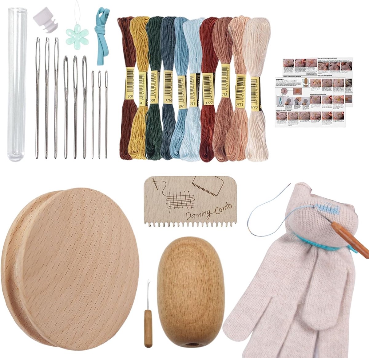Stopgereedschap - Reparatieset - Kleding Herstellen - Houten Onderdelen - 10 Kleuren Garen - Natuurlijk Hout