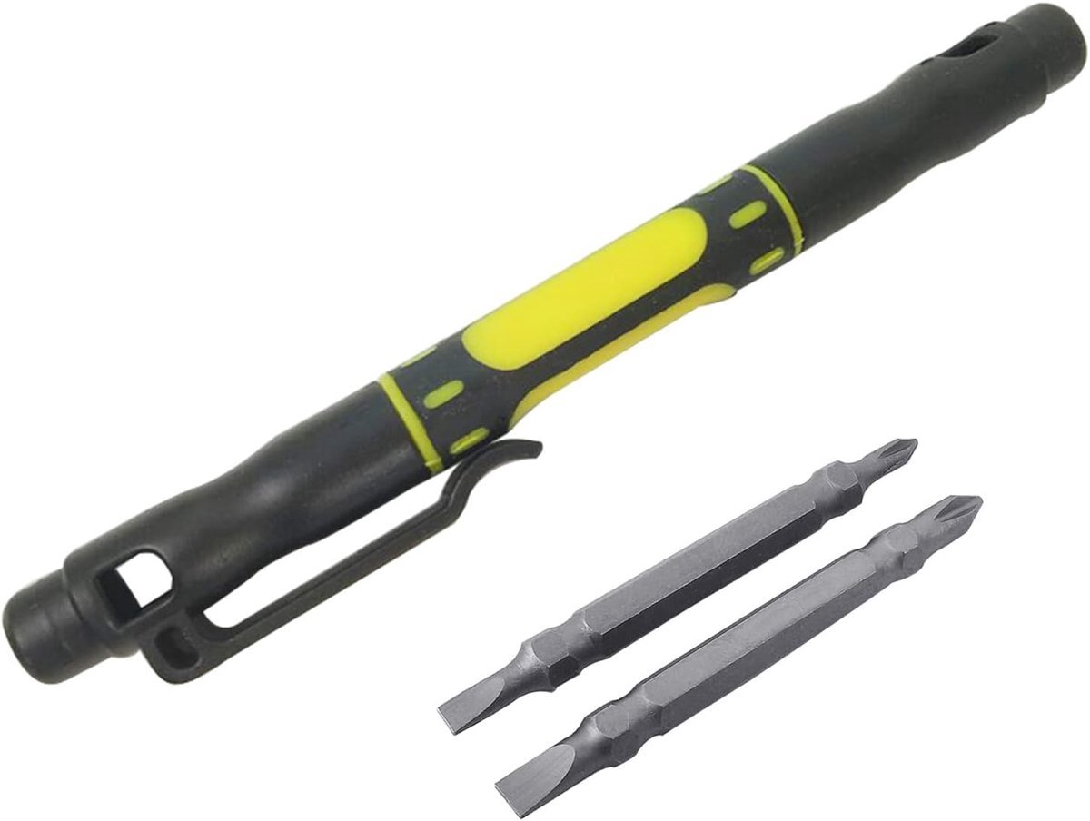 Multifunctionele Pen - Reparatieset Tool - Kleine Reparatie - 4 Verwisselbare Bits - 16 cm Lengte - Geel Zwart
