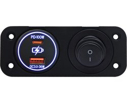 ProRide 12-24V USB/USB C Autolader 2 Poorten Inbouw - 100W+36W QC3.0 - Tuimelschakelaar - Blauw