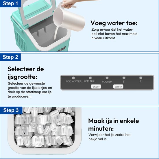 LOEFME IJsblokjesmachine - 1,4L - 12kg/24 uur - Bulletijs - IJsblokjesmaker - IJsschep, Ijsmand - Draagbaar - Zelfreinigingsfunctie -Groente — afbeelding 3