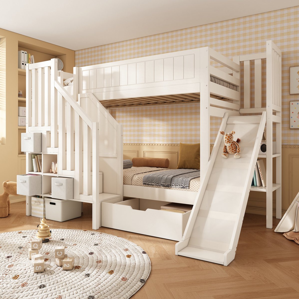 MEUNIQ kinder stapelbed 90x200 cm met glijbaan, ladderkast met 6 vakken, 3 stoffen lades, open rek en bedlades, wit, voor kinderkamer, zonder matras