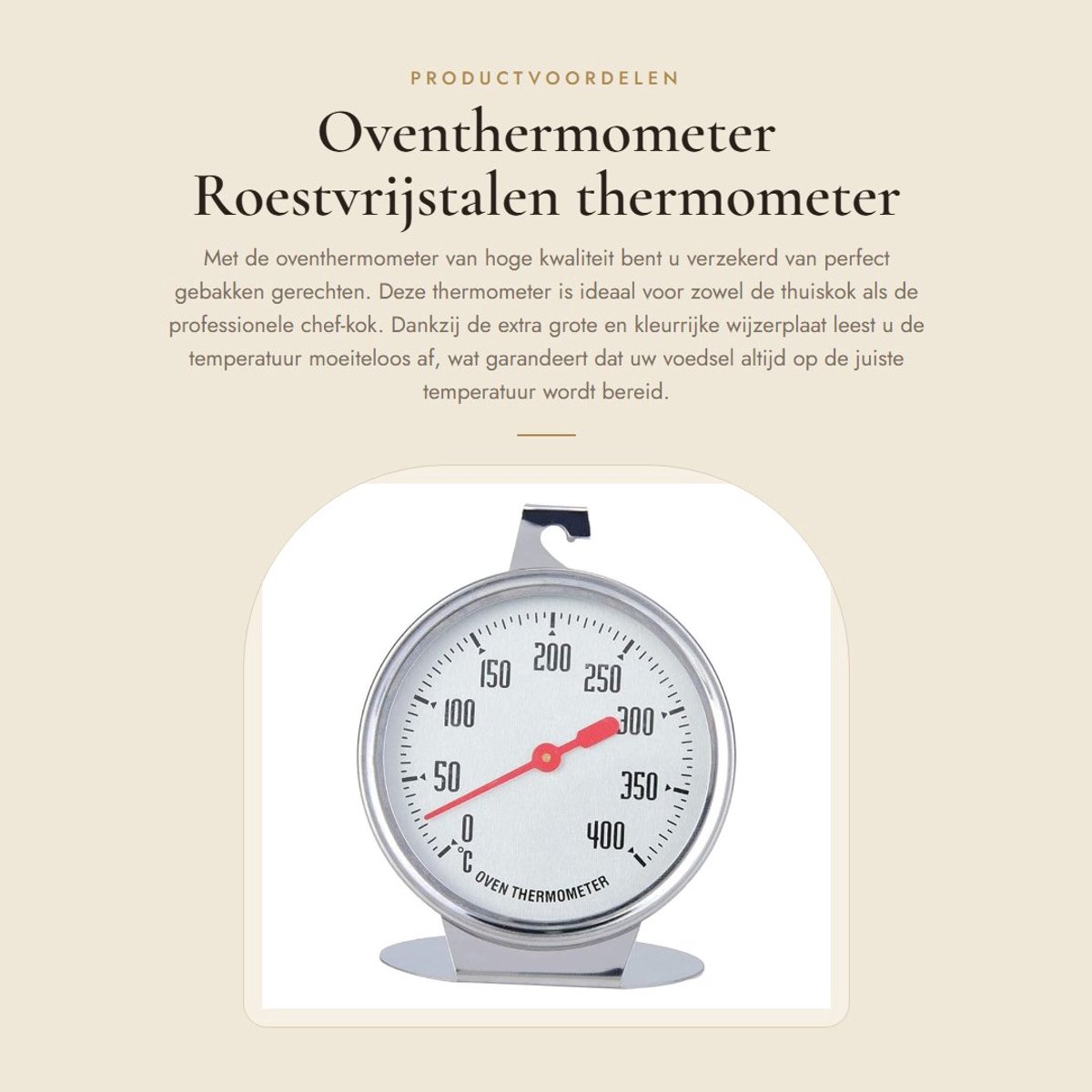 Dailygoods- Oventhermometer 0-400 °C - Staande Oventhermometer - Roestvrij Staal - Grote Wijzerplaat - Hoge Kwaliteit - Uiterst Nauwkeurig - Keuken Thermometer