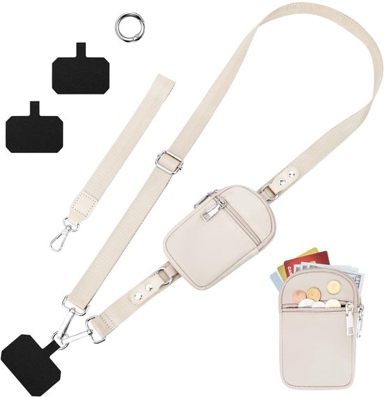 Lanière de téléphone beige avec sangle réglable, petit portefeuille pour cartes et pièces, et deux plaquettes de téléphone.