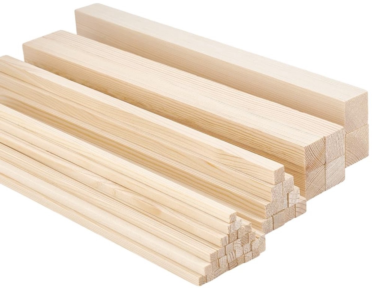 Dailygoods- Houten Pluggen 46 Stuks - Vierkante Houten Stokken - Houtbewerking - Knutselsets - Onbewerkt Grenenhout - 30 cm Lang