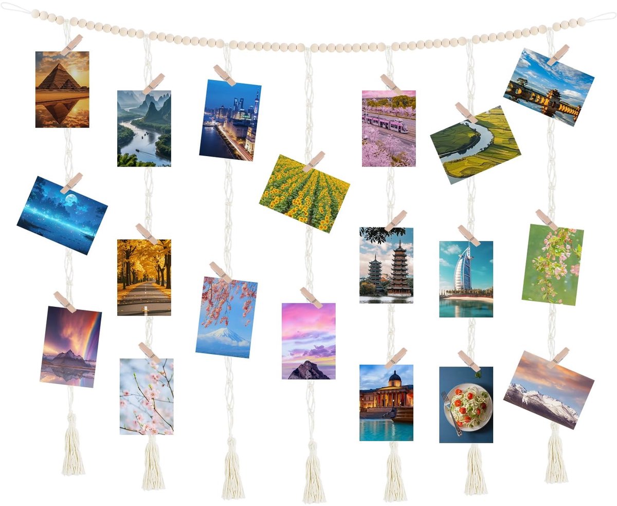 Wandfotolijst met touwen en 45 houten clips - boho fotowand decoratie voor woonkamer en slaapkamer