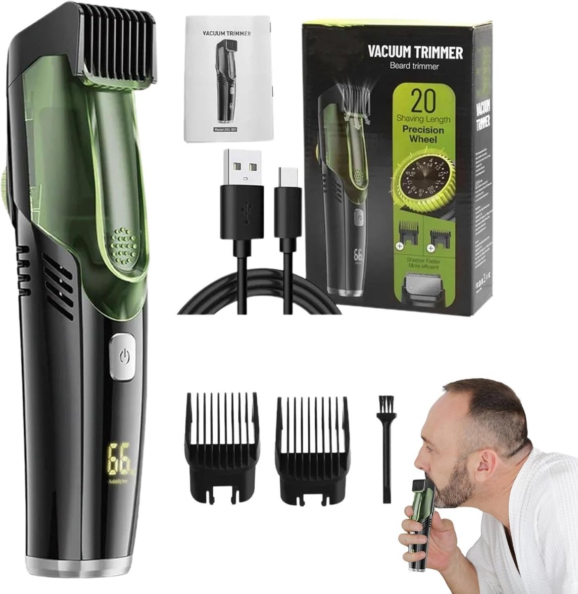 Baardtrimmer Heren - Gezichtshaar Trimmer - Precisie Styling - Met Stofzuiger - IPX6 Waterdicht - Zwart