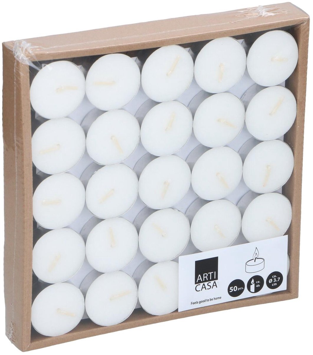 Arti Casa Theelichtjes 50 Stuks - Witte Theelichtjes met 4 Uur Brandtijd - Theelichten Ø3.7 cm - Kaarsen Set voor Decoratie en Dagelijks Gebruik