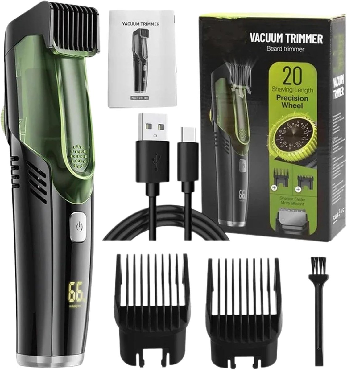 Baardtrimmer met Zuiger - Gezichtshaar Trimmer - Precisie Scheren - IPX6 Waterdicht - 90 Min Gebruik - Zwart