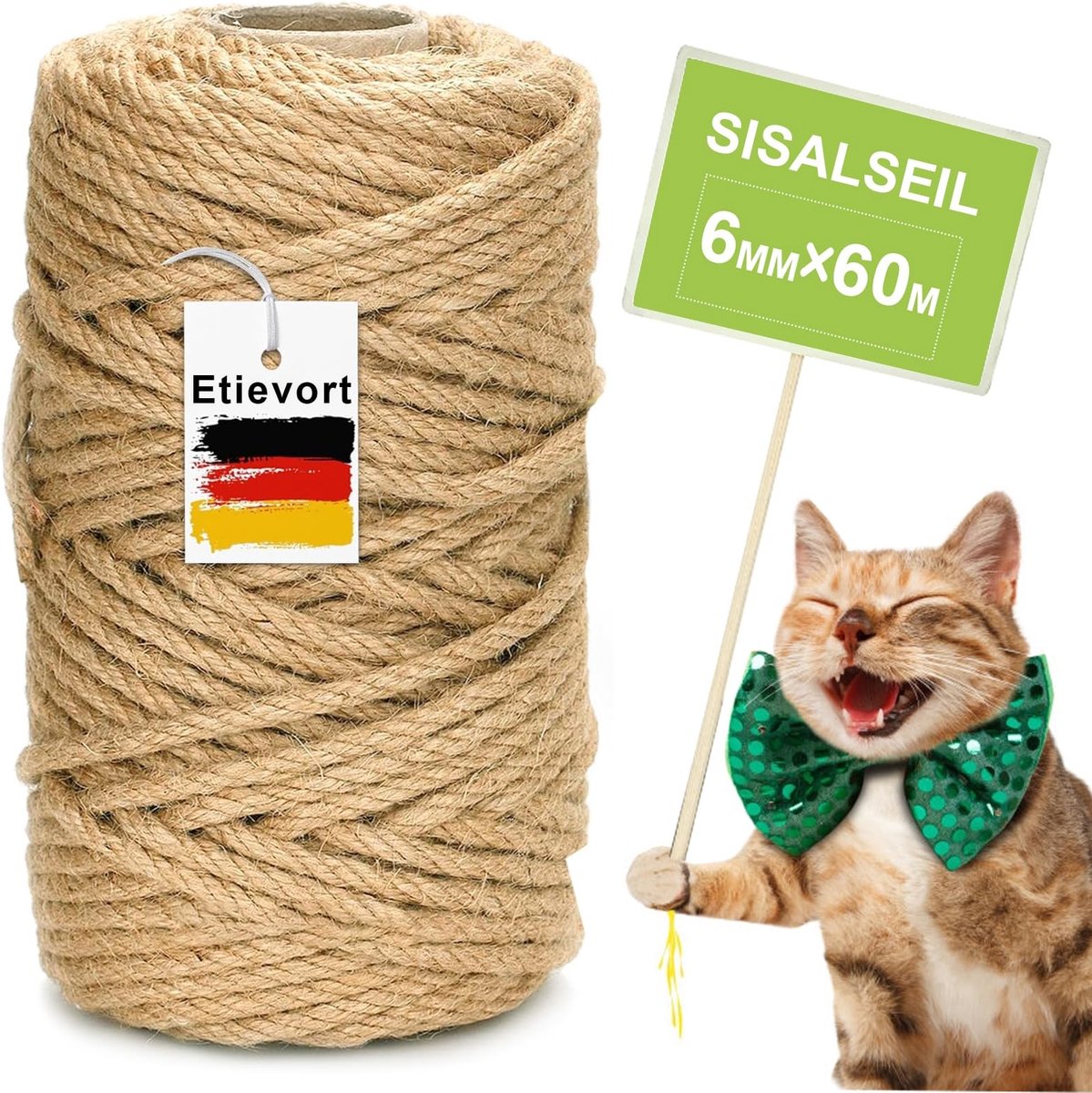 Dailygoods- Sisal Touw 6 mm x 60 m - Vervangend Touw - Krabpaal/Kattenboom - Natuurlijk/Sisal - Slijtvast/Krasbestendig - Geurneutraal - Krabpaaltouw