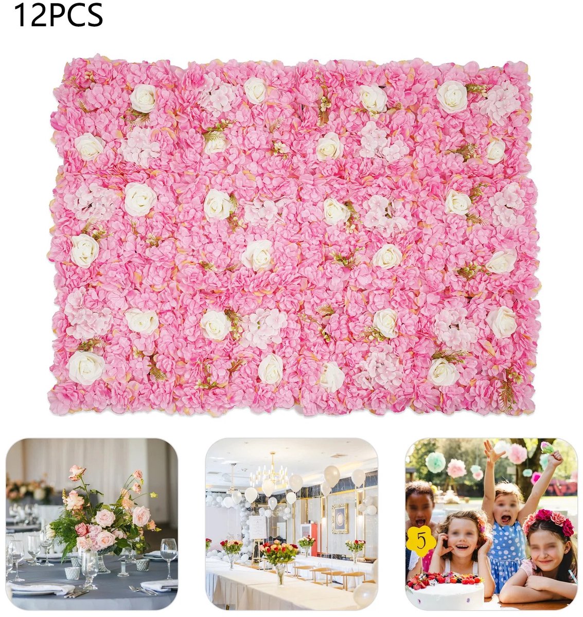 Dailygoods 12 stuks 38x38cm dieproze Dahlia witte roos hortensia raster, kunstbloemen wandpanelen, bloemenwand, decorati