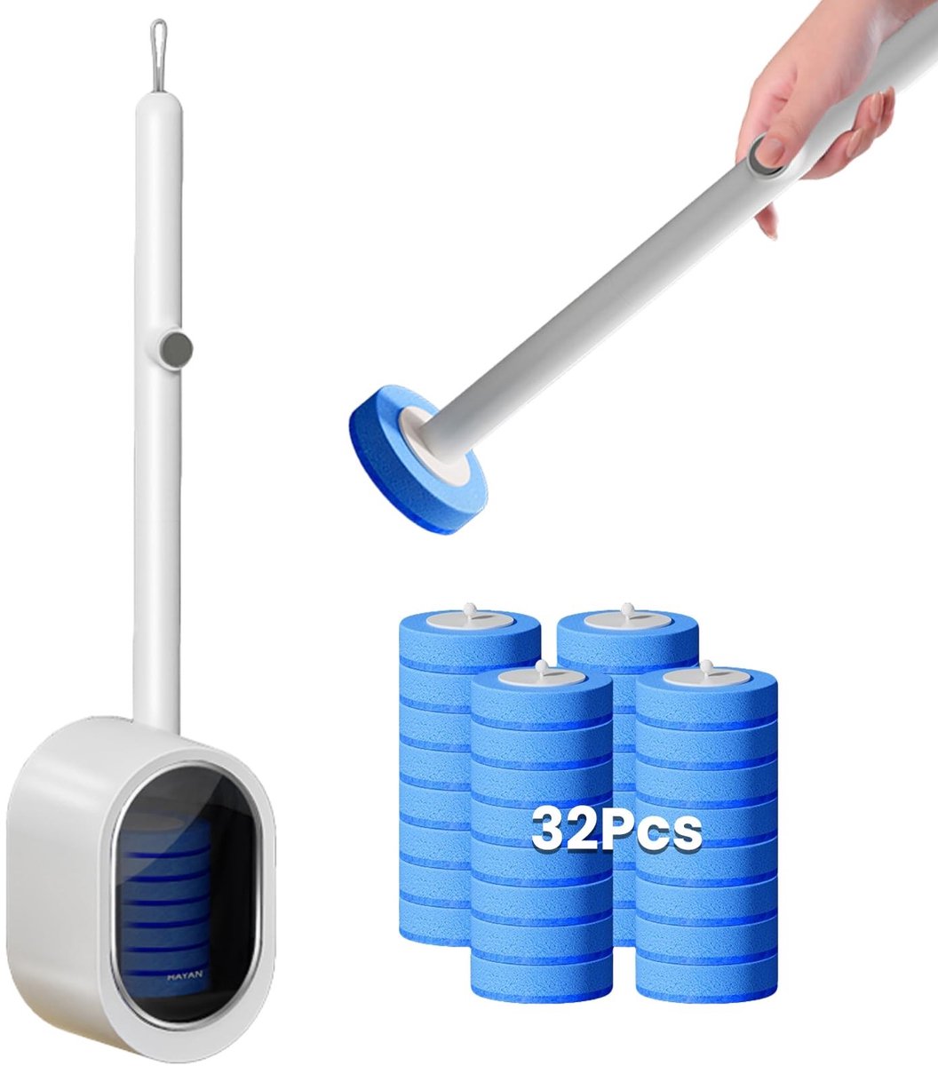 Dailygoods- Toiletborstel Set met Wandmontage - Toiletborstel met 32 Reinigingspads - WC-Borstelgarnituur - Inclusief Houder - Wegwerp Toiletborstel - Hygiënisch en Praktisch - Wc-borstel