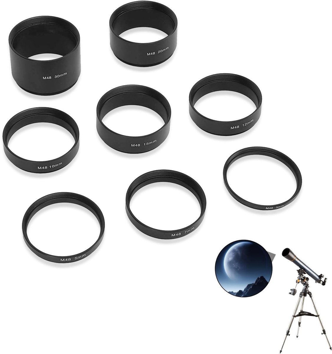 Dailygoods- Extensiebuizen Set - 8 Stks M48x0.75 - Verlengringen 3/5/7/10/12/15/20/30mm - Astronomische Telescoop - Focus Problemen Elimineren - Duurzaam Aluminium