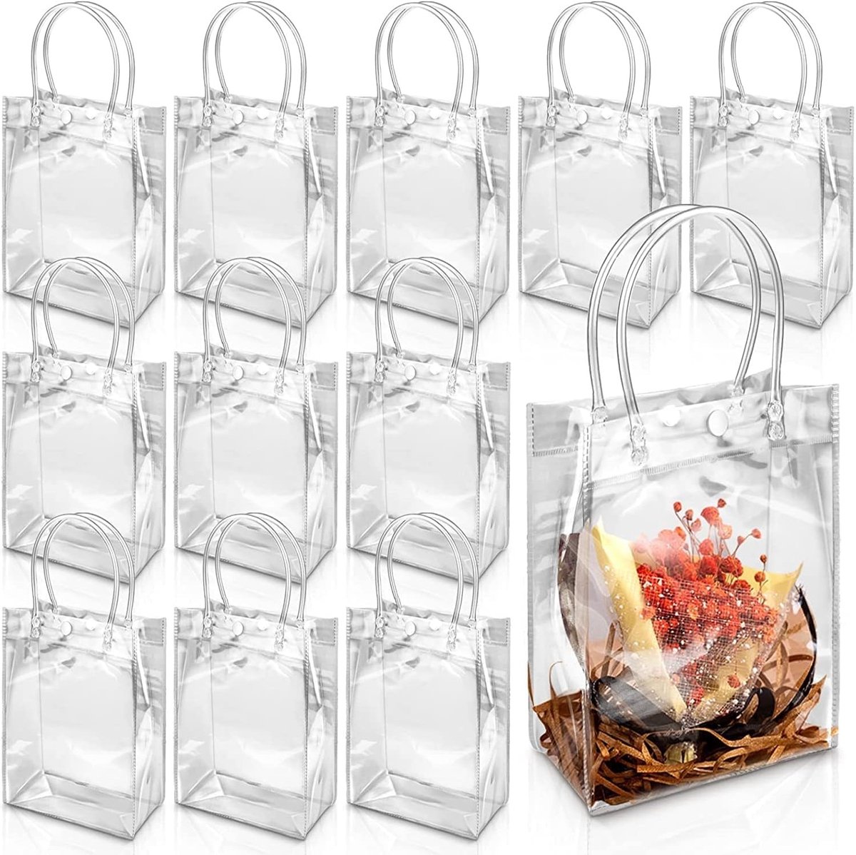 Dailygoods- Geschenkzakken 30 Stuks - Doorzichtige PVC - Herbruikbare Draagtassen - Handvat met Kliksluiting - Waterdicht - Ideaal voor Feesten - Boodschappentas