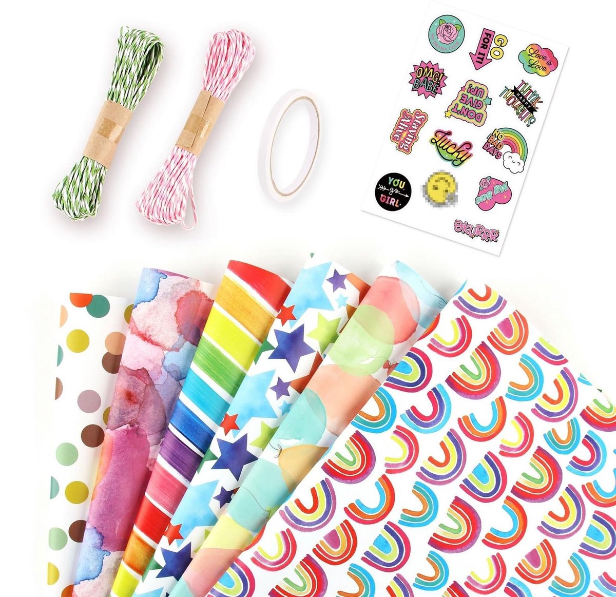 Dailygoods- Cadeaupapier Set 6 Stuks - Verpakking 70x50 cm - Kraftpapier - Stickers - Dubbelzijdig Plakband - Geschikt voor Kinderverpakking - Geschenkpapier