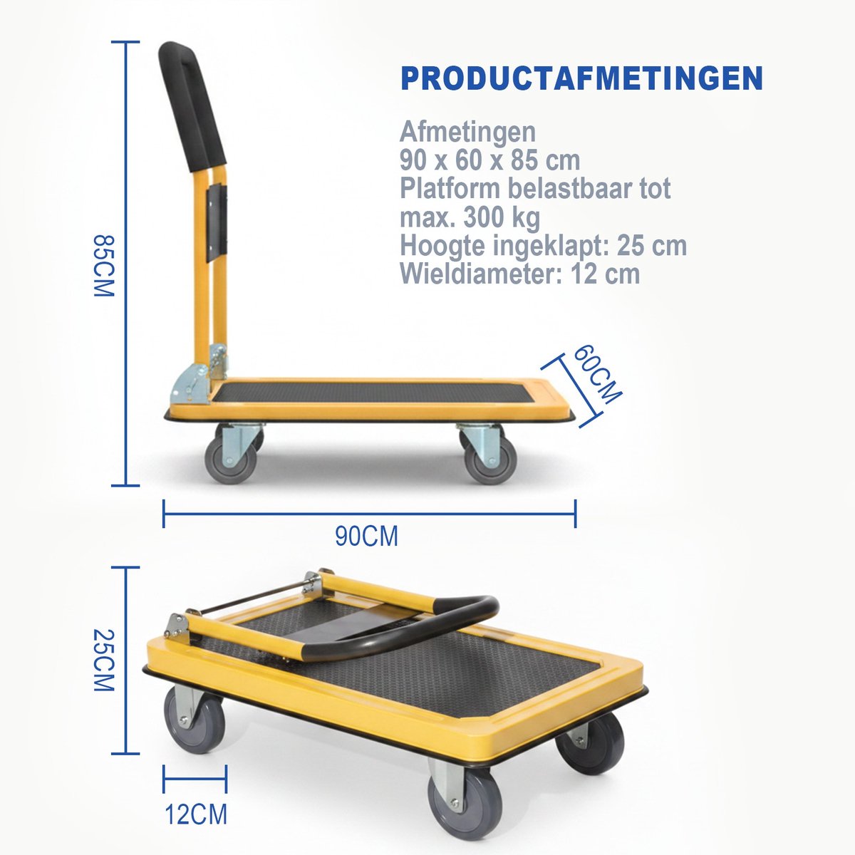 Plateauwagen 300kg - Opvouwbaar - Steekwagens & Transportwagen - 90x60cm - Heavy Duty Platformwagen Staal - Magazijnwagen met Anti-slip & Duwstang - Trolley voor Verhuizing, Garage, Bagage & Pakketten - Handwagen met 12cm Wielen – foto 6
