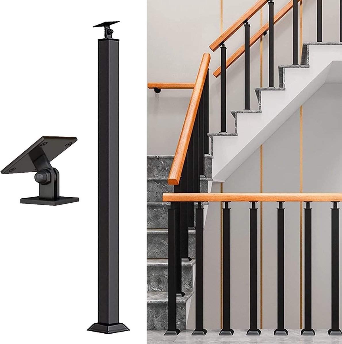 Vierkante Balustrade Paal - Trapleuning Ondersteuning - Veilig Traplopen - Binnen en Buiten - 90cm Hoog - Zwart