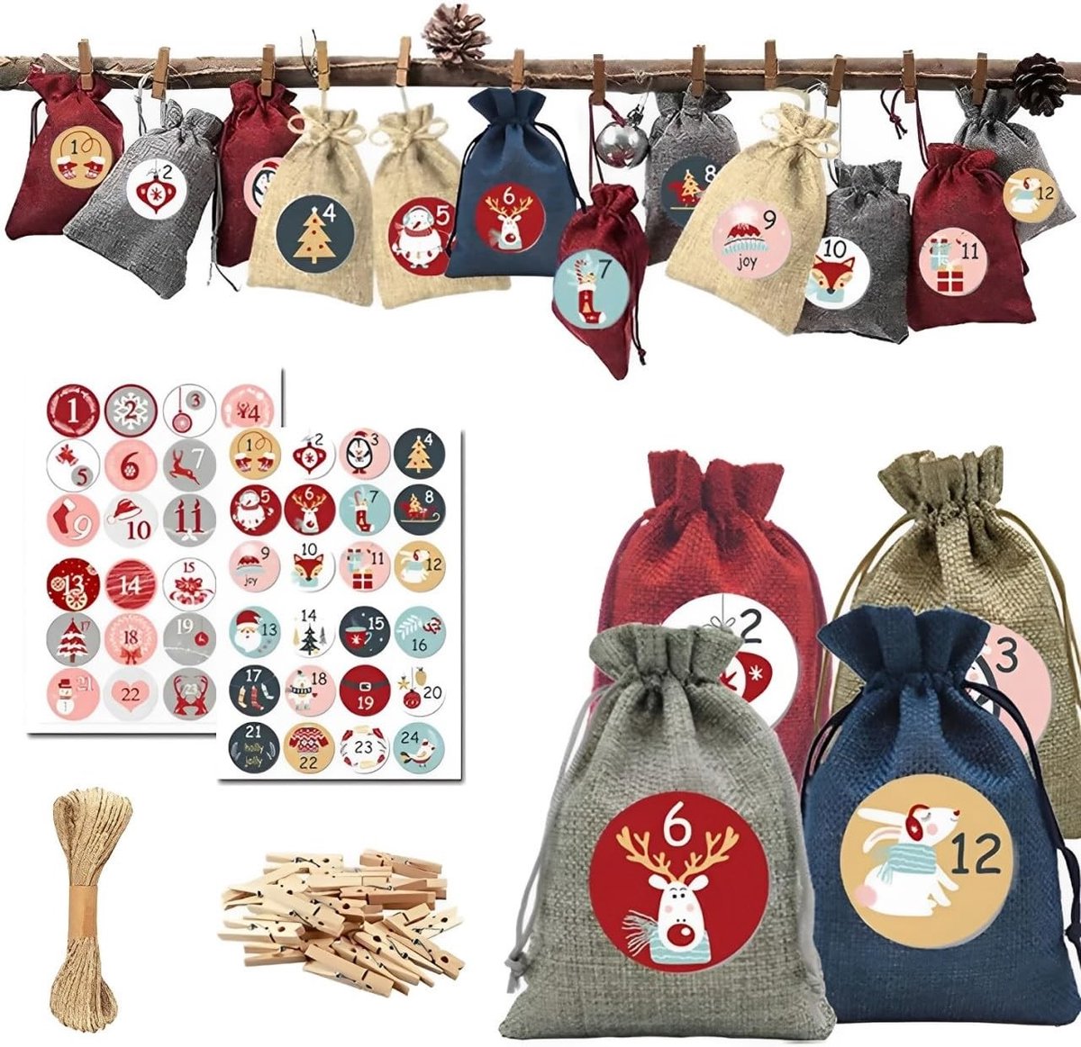Dailygoods- Adventskalender 24 Stuks - Kerstdecoratiezakjes/Jute Zakjes - Cijferstickers - Herbruikbaar - Ademend - Inclusief Houten Klemmen - Cadeauzakjes