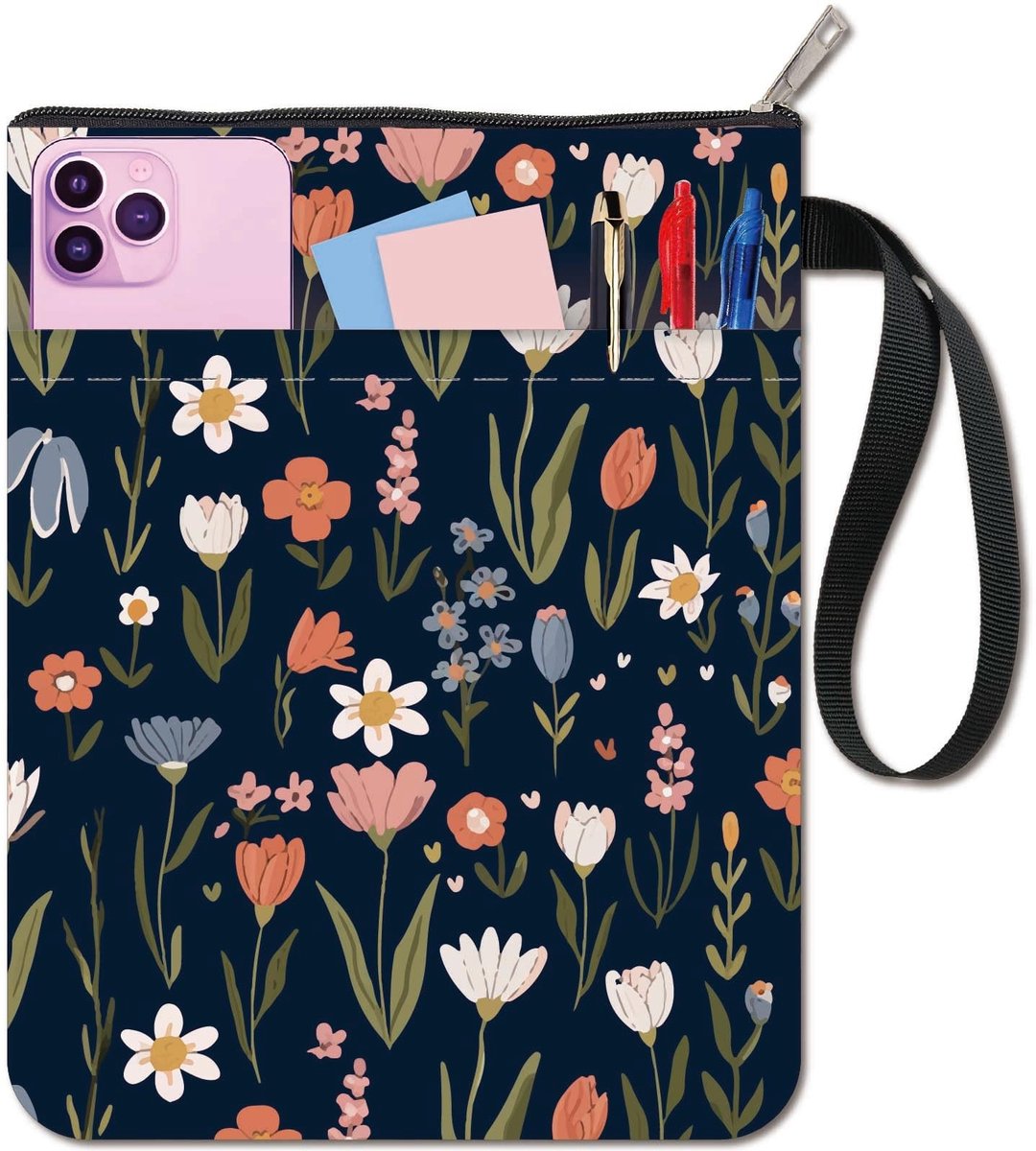 Dailygoods- Boekhoes Bloemen - Wasbare Stof - Extra Mouwzak - Rits - Geschikt voor Paperbacks - Afmetingen 28 x 22 cm - Boekomslag