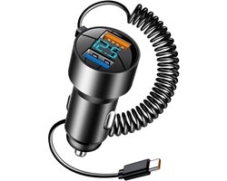 Autolader USB C - Auto Snellader - Onderweg Opladen - 100W Aluminium - Met Kabel - Zwart