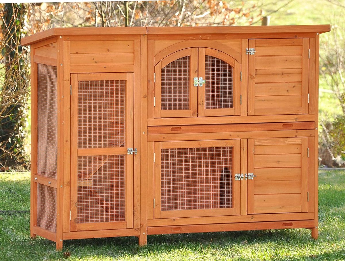 Konijnenhok Buiten - Dierenverblijf Knaagdier - Ruim Verblijf - Met Uitbreiding - 145 x 48 x 109 cm - Natuurlijk Bruin