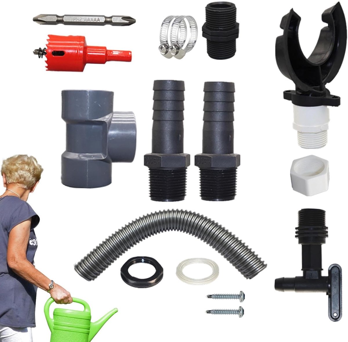 Regenton Aftakset - Regenwater Systeem - Water Besparen - Flexibele Installatie - 50 cm Slang - Zwart