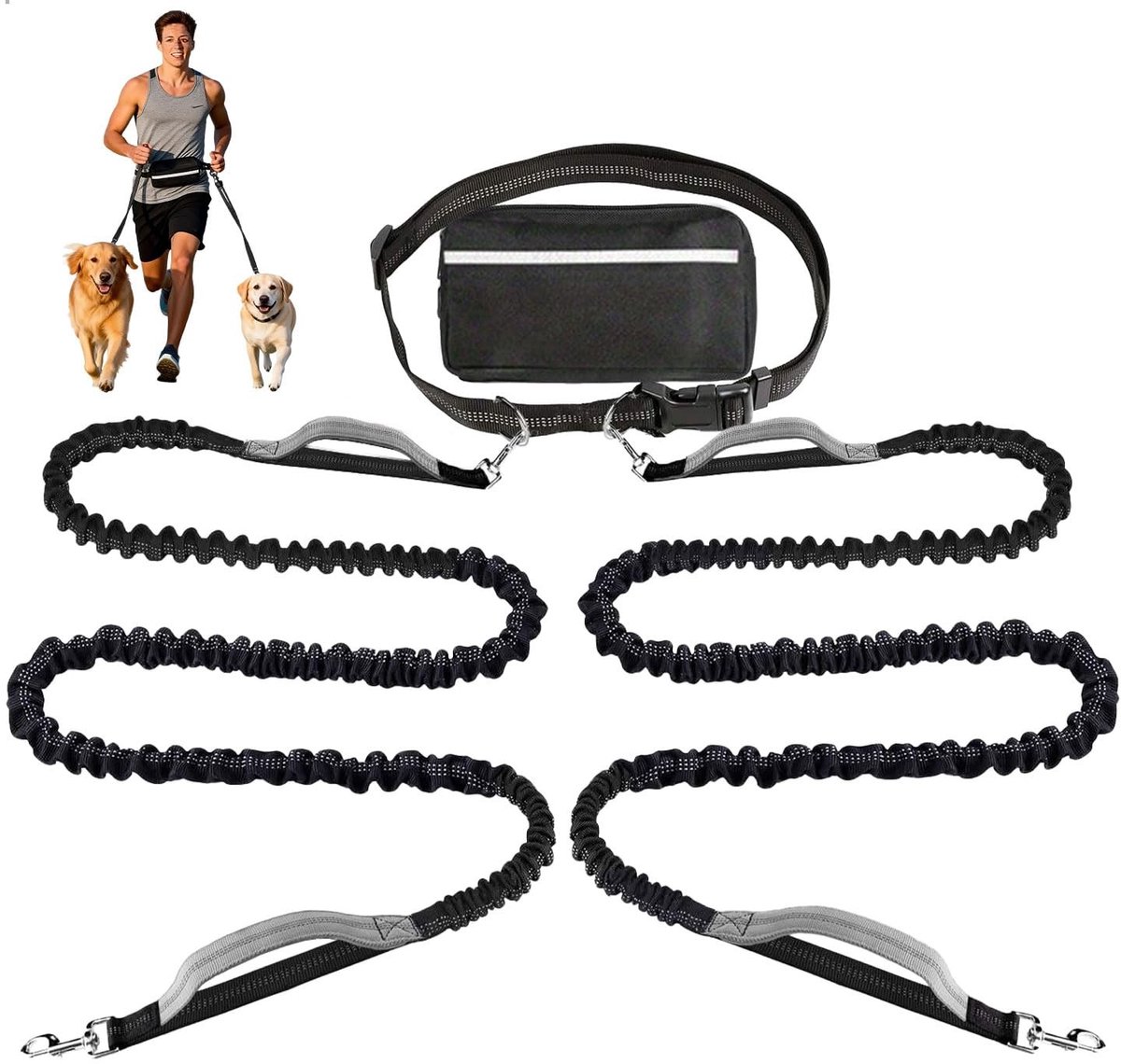 Dailygoods- Hondenriem 2-in-1 - Verstelbare Jogginglijn - Buikband Hondenlijn - Waterafstotend Nylon - Reflecterende Strepen - Duurzaam en Comfortabel