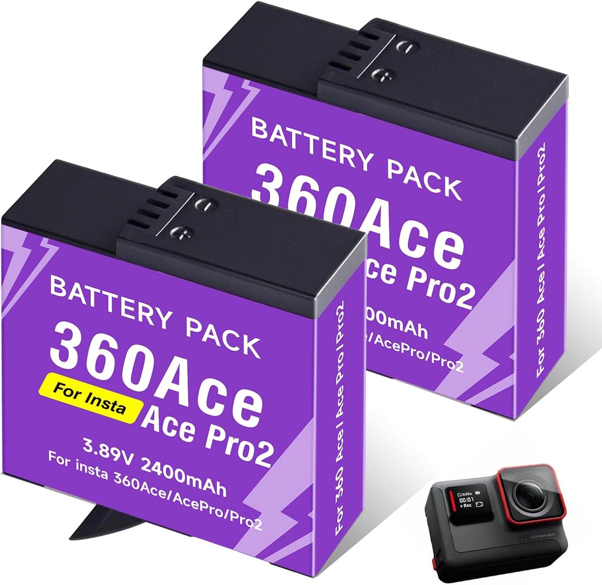 Reservebatterij Set - Oplaadbare Accu - Sportcamera Gebruik - Hoge Capaciteit - 2 Stuks 2400mAh - Paars