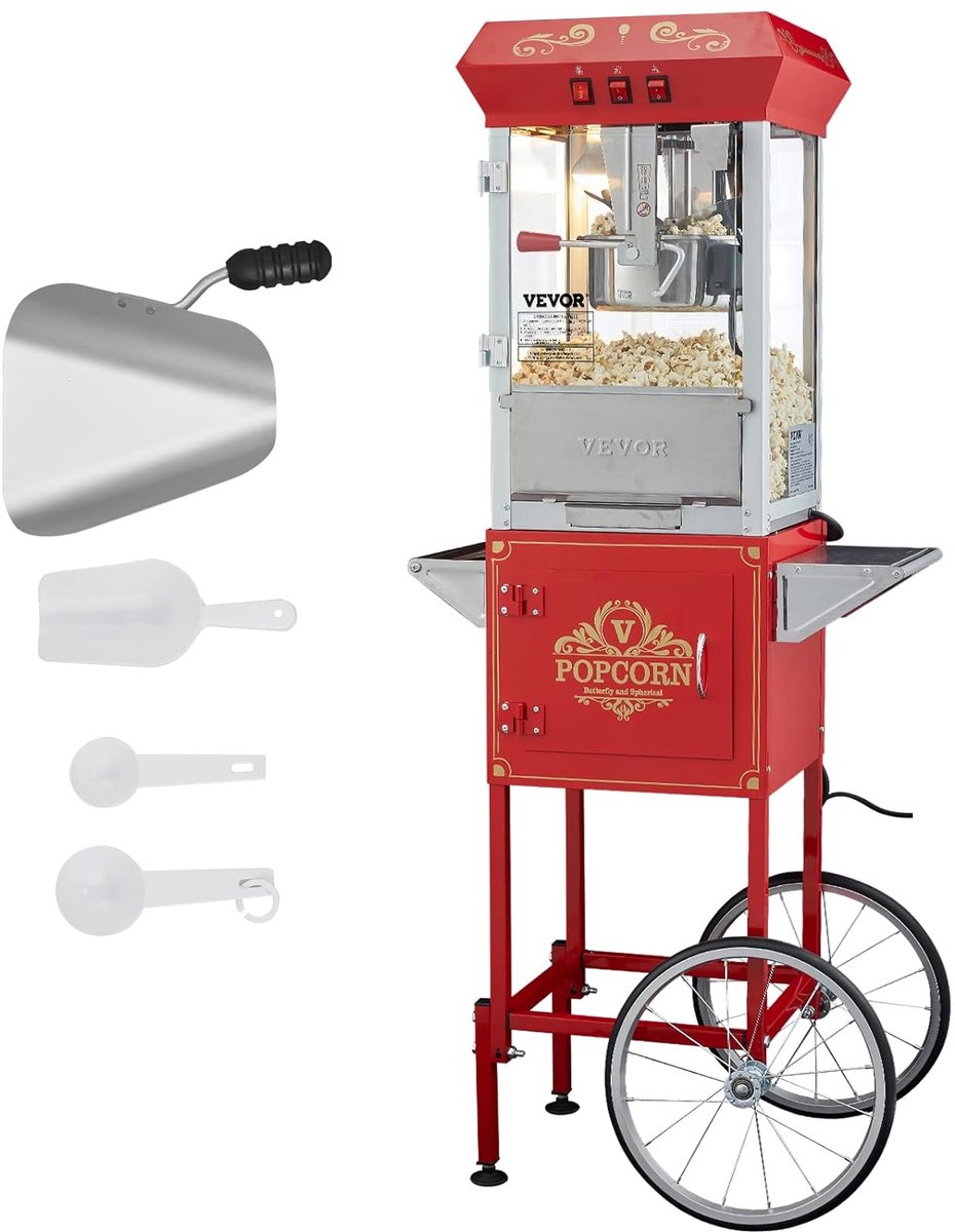 Popcornmachine met wagen - Snackapparaat - Feestelijke traktaties maken - Hoge capaciteit ketel - 48 kopjes per keer - Rood