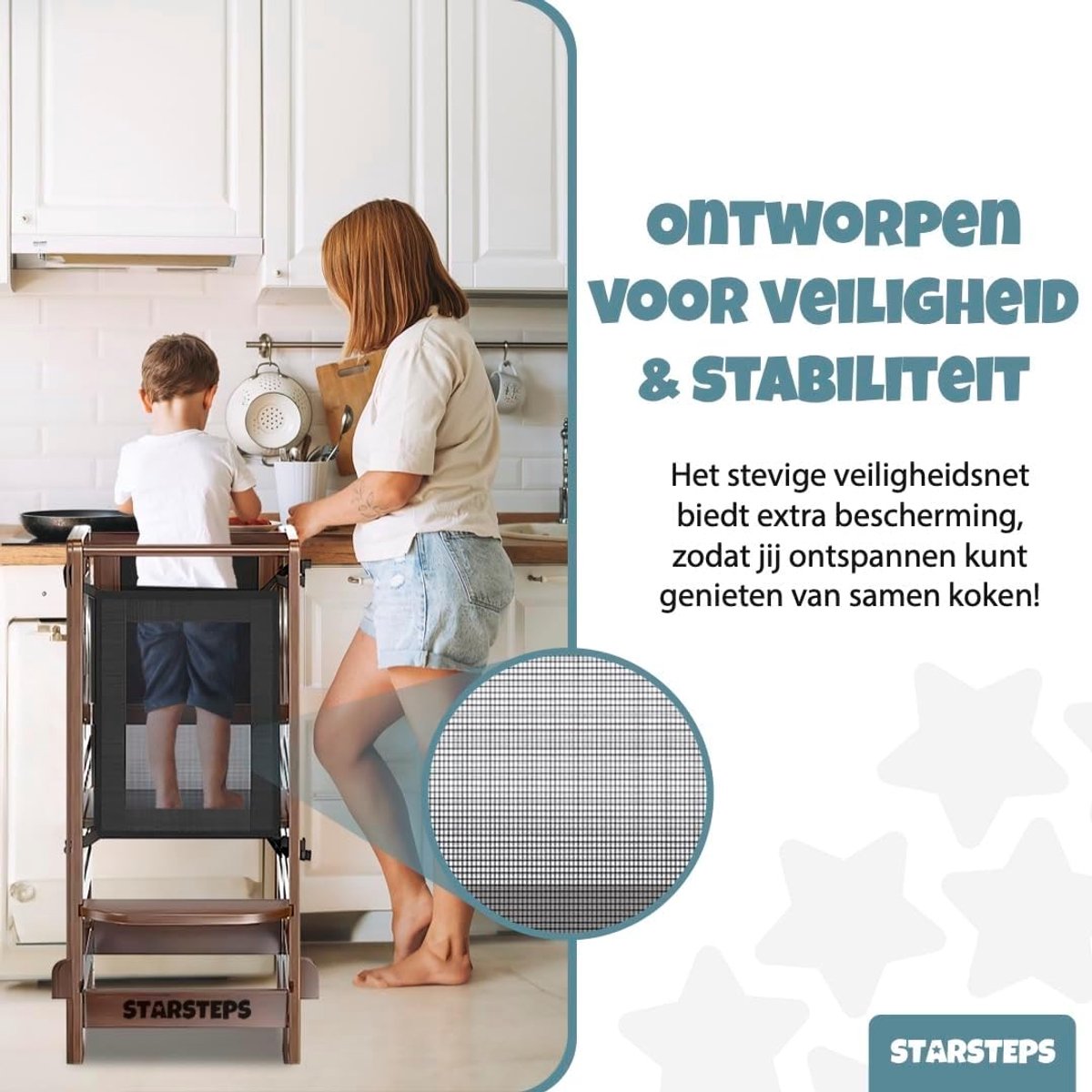 SnelShoppen - Learning Tower 3 in 1 - Kindertrap met Veiligheidsnet - Keukenhulp voor Kinderen - Bruin - Inclusief NL Handleiding - FSC-gecertificeerd