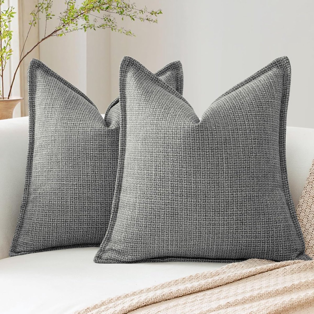 SnelShoppen - Set van 2 Donkergrijze Decoratieve Kussenhoezen 50x50cm - Zachte Linnen Textuur - Sofa Throw Pillows voor Boerderijstijl Woonkamer en Sl