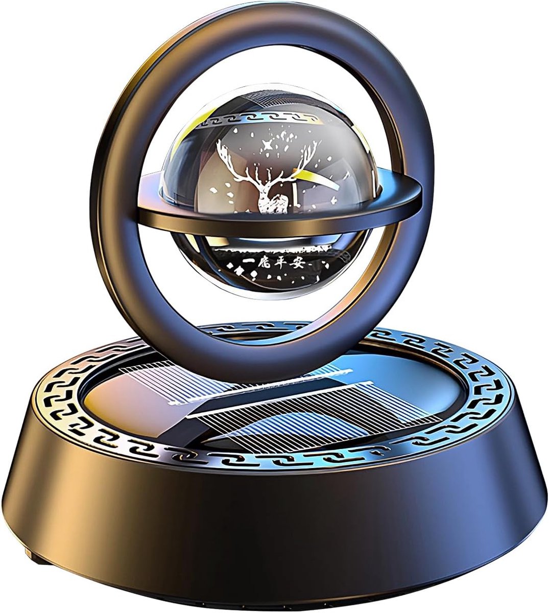 SnelShoppen - Solar Power Luchtverfrisser, Aromatherapie Diffuser met Rotatie en Suspensie, Interstellair Dubbelring Design, Zwart, Inclusief Ocean Ge