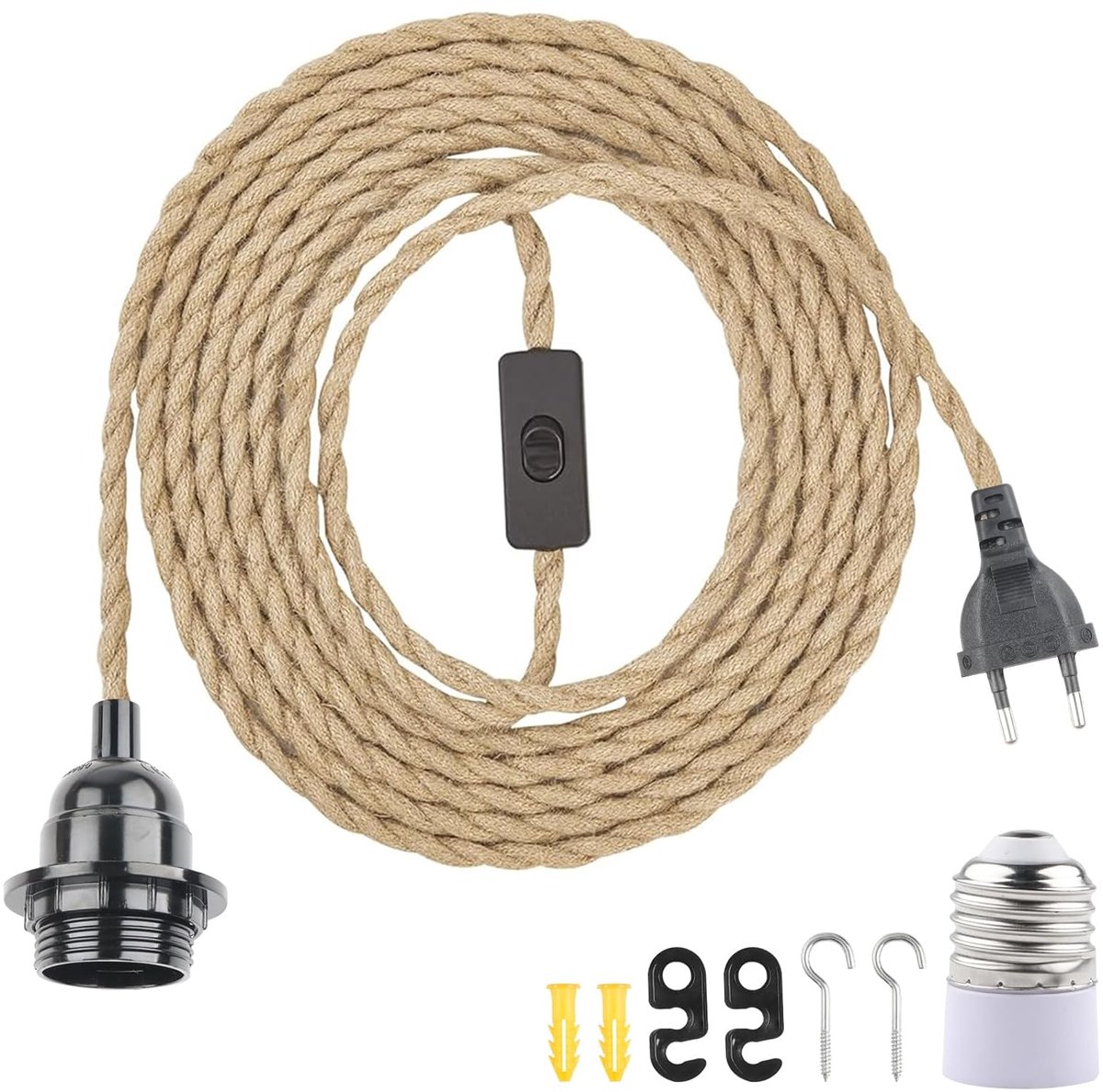 SnelShoppen - E27 Lamp Fitting met Schakelaar en Stekker, 8m Henneptouw Kabel voor DIY Hanglamp, Vintage Vloerlampen, Pendel Lamp, Chandelier