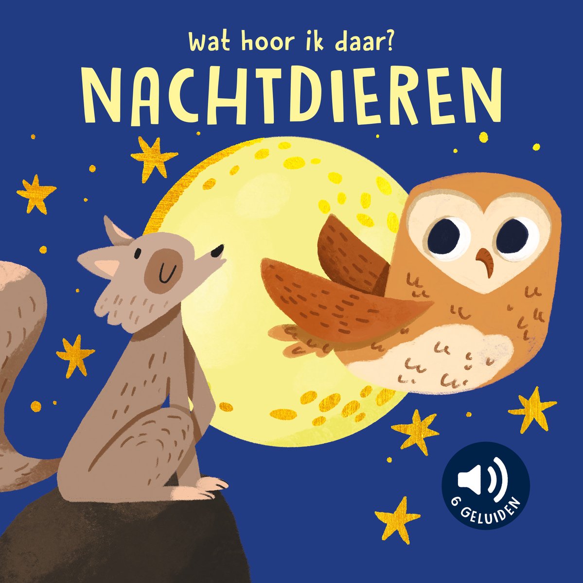 Illustratie van een vos en een uil bij volle maan met de tekst 'Wat hoor ik daar? Nachtdieren'.