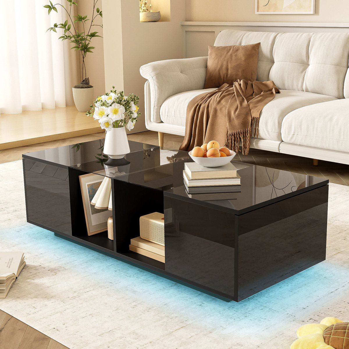 COVREO Salontafel 120 x 50 x 38,5 cm - zwart hoogglans, glasplaat, LED-verlichting