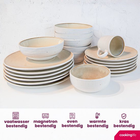 Een set witte aardewerk kommen en mokken met een zandkleurige, gespikkelde binnenzijde en bruine rand. Vaatwasser-, magnetron- en ovenbestendig.