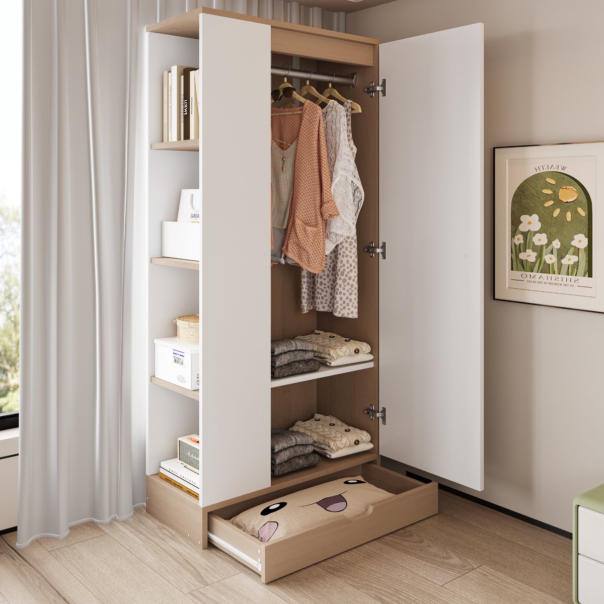 COVREO Kledingkast 70x40x170 cm – wit en houtlook, 1 deur, planken, lade en hanggedeelte