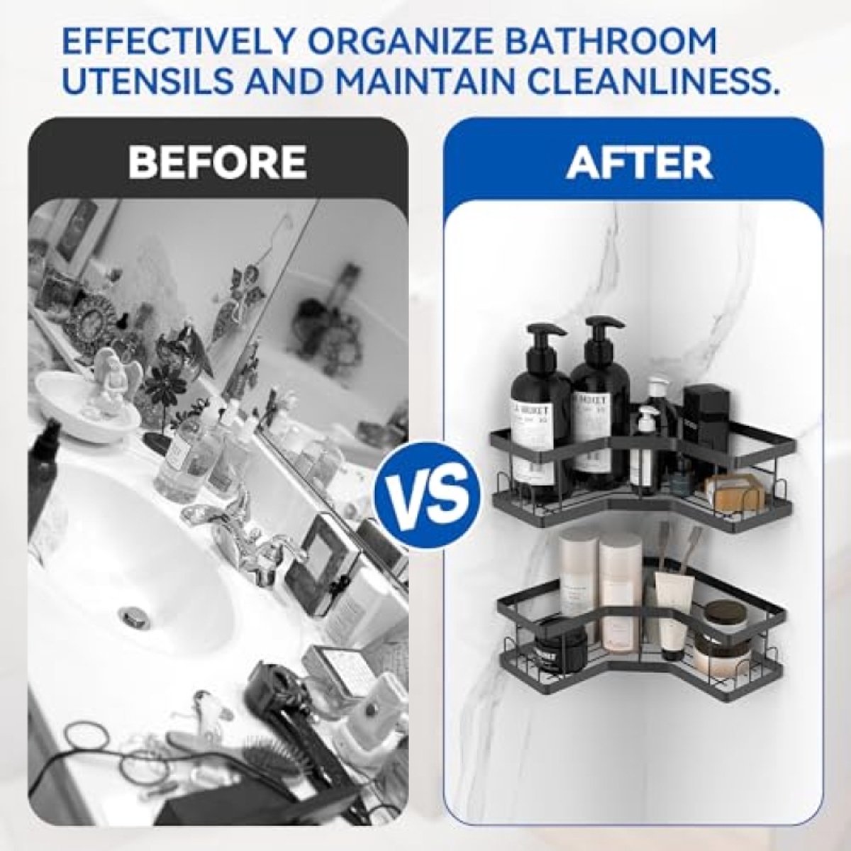 LoShop Douche Caddy 2 Stuks Zwart - Roestbestendige Badkamer Planken Hoek - Zelfklevende Doucheplank Geen Boren - Zeephouder Organizer Badkamer Accessoire Opslag