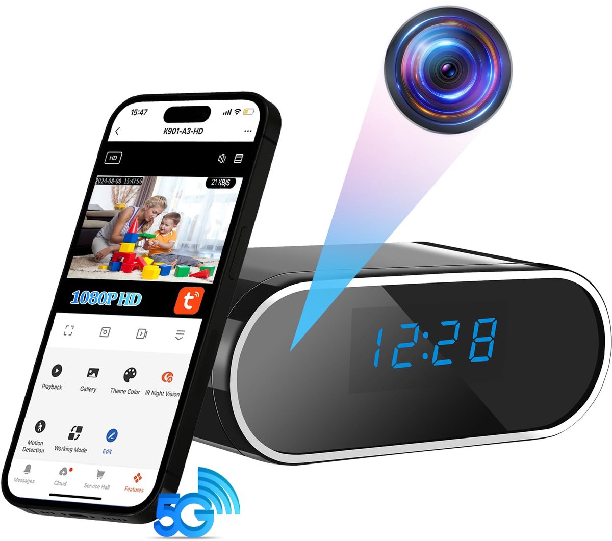 SnelShoppen - Tuya Spionagecamera Wifi 5G Verborgen Camera Wekker Draadloos 1080p 120° Microvideo Bewakingscamera Indoor Recorder Bewegingsdetectie Na