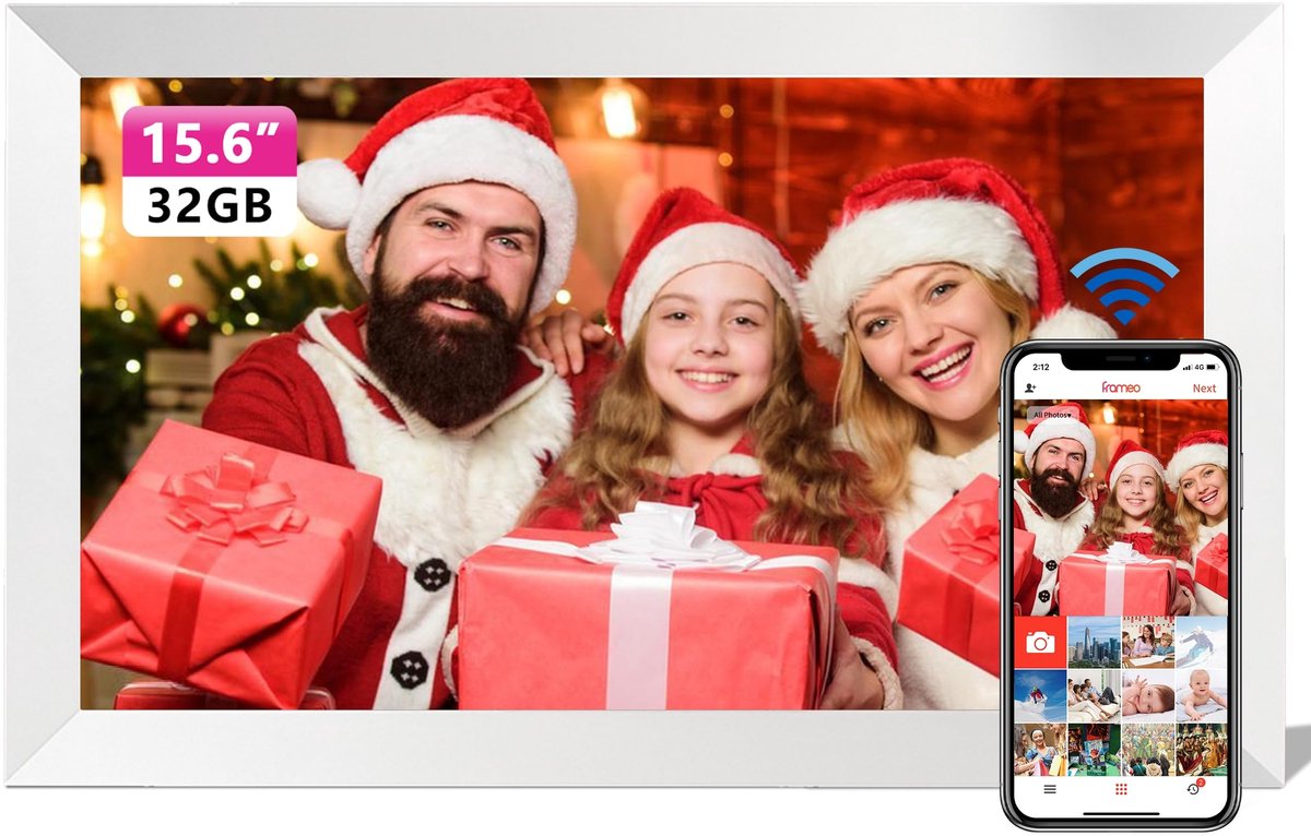 SnelShoppen - 15,6 inch Digitale Fotolijst WiFi - 1920 x 1080 FHD IPS-scherm - Ingebouwde 32 GB Geheugen - Automatisch Draaien - Deel Foto's en Video'