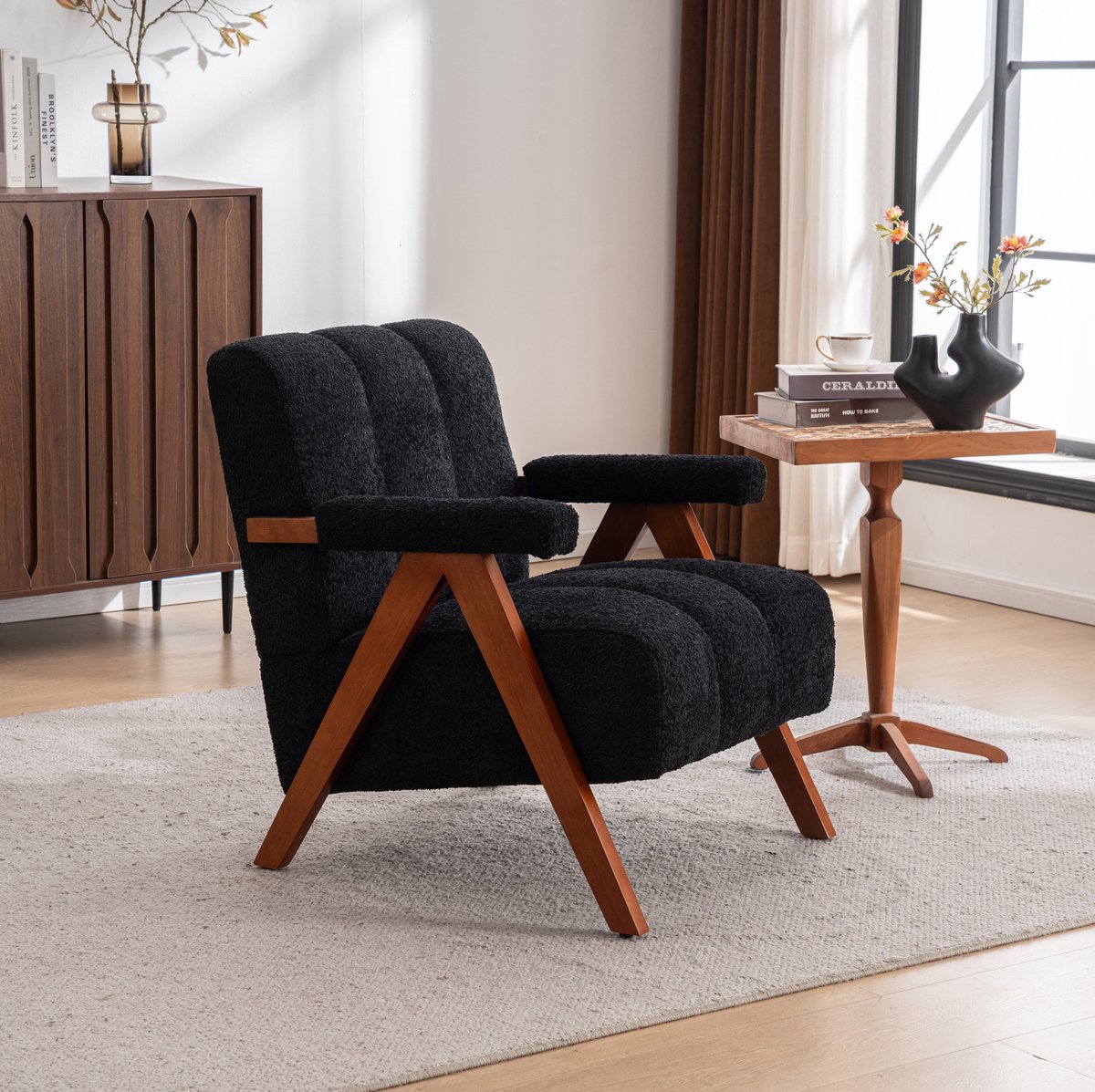 COVREO Fauteuil 77 x 68,5 x 77 cm - zwart bouclé, houten frame, met armleuningen