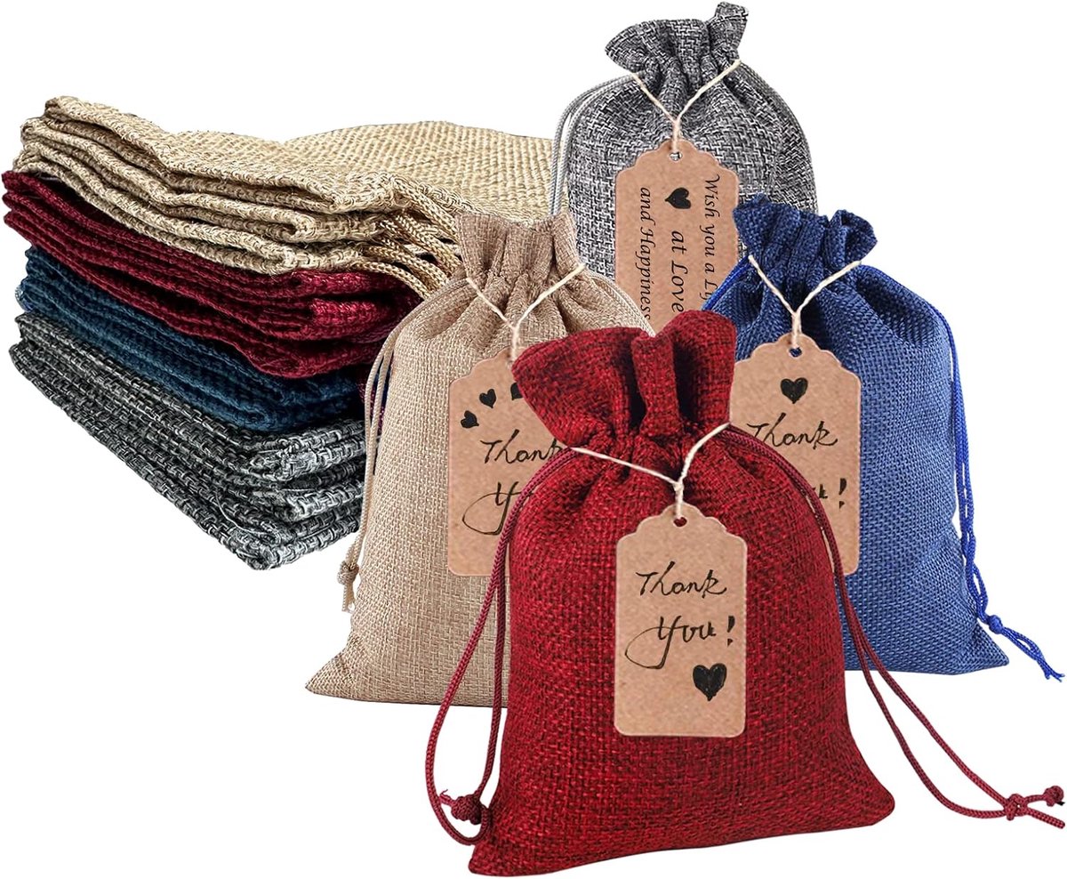 SnelShoppen - 24-Piece Jute Drawstring Bags met Gift Tags - 10x14 cm - Kleurenset in Rood, Blauw, Grijs - Perfect voor Bruiloften, Feestjes, Cadeaus e