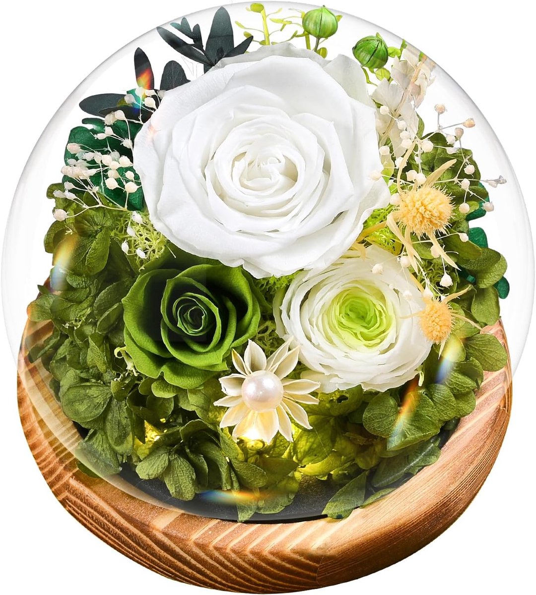 SnelShoppen - Valentijns Cadeau voor Vrouwen, Witte Eeuwige Roos onder Glazen Cloche, Natuurlijke Bewaarde Bloem met LED Licht, Houten Basis en Wenska
